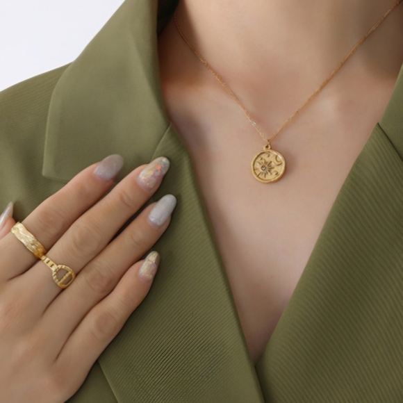 🆕️Sun Moon Necklace Celestial Pendant Stainless Steel Medallion 18K Gold Plated - Picture 5 of 11